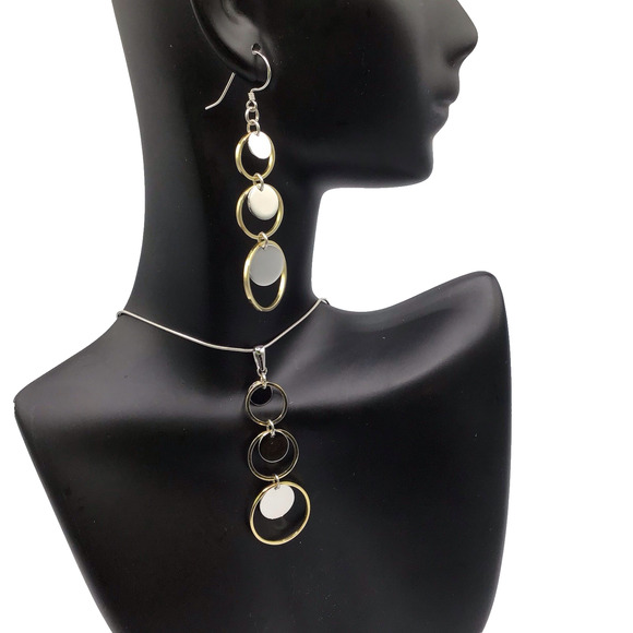 925 Sterling Silver Necklace & Earrings Set Two Tone Circle Pendant Dangle Set - Picture 9 of 13